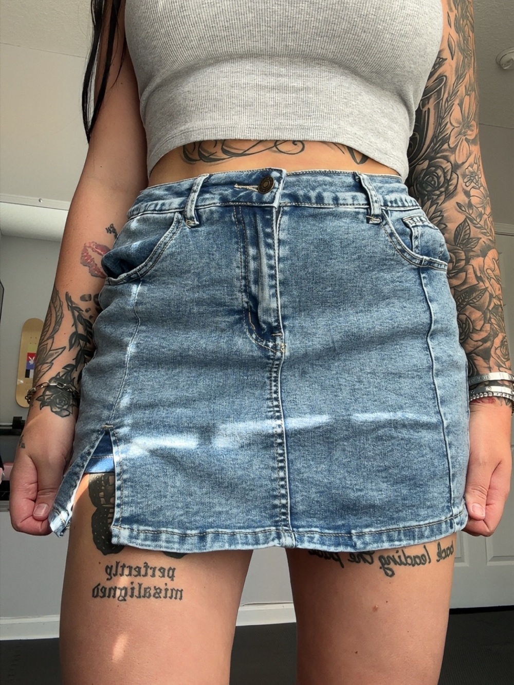 Casual Light Wash Denim Mini Skort  - Women